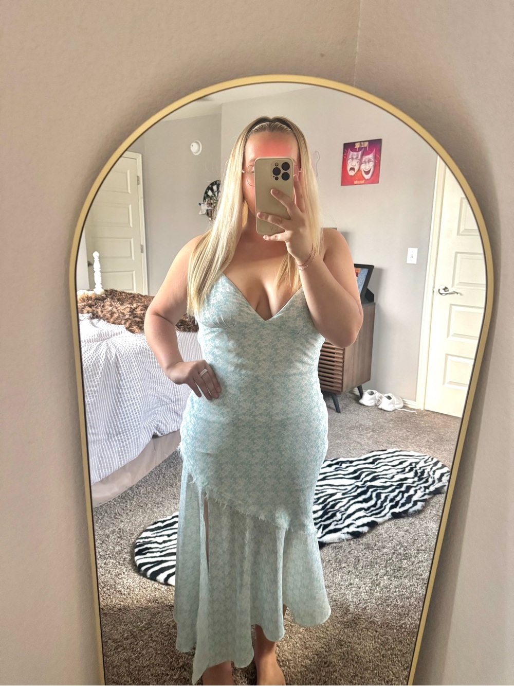 Cotton Candy Light Blue Floral Midi Dress with V-Neckline